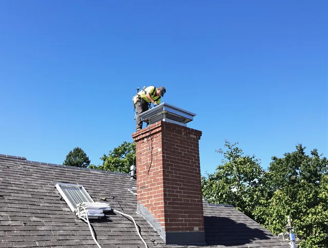 Cornelius Chimney Sweep technician measuring a chimney cap in Cornelius, NC